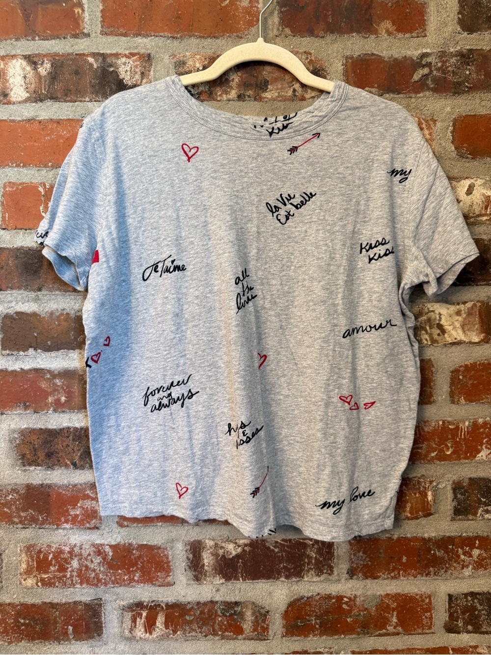 T134 - LOFT Light Gray Graphic Tee with Black Script and Red Hearts